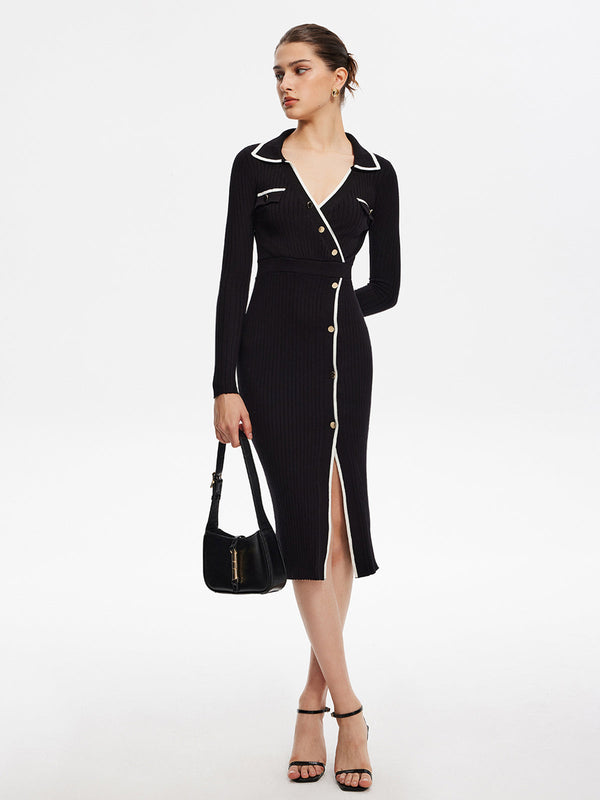 Kontrast Kesimli Midi Örgü Elbise 