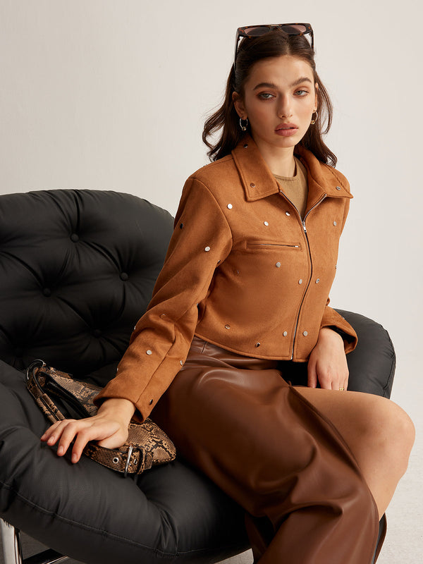 Çivili Fermuarlı Kısa Ceket 