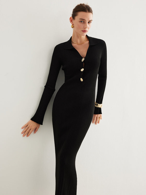 Metal Düğmeli Çan Kollu Kazak Uzun Elbise 