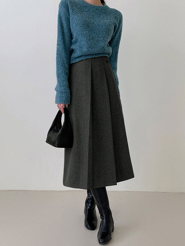 Tweed Pileli Düğmeli Midi Etek 