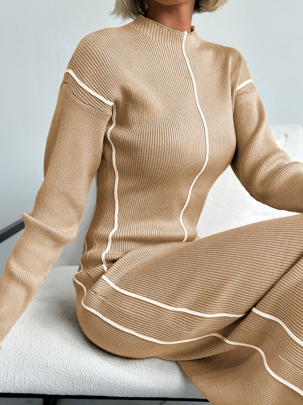 Kaburga Kontrast Şeritli Kazak Elbise 