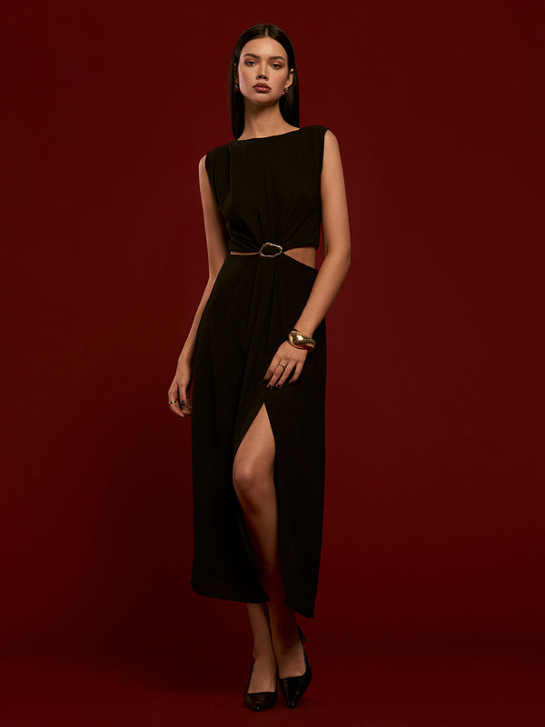 Metal Halka Kesimli Pileli Elbise 