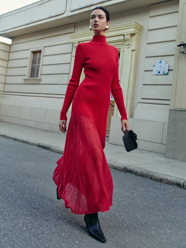 Balıkçı Yaka Pileli Panel Kazak Elbise 