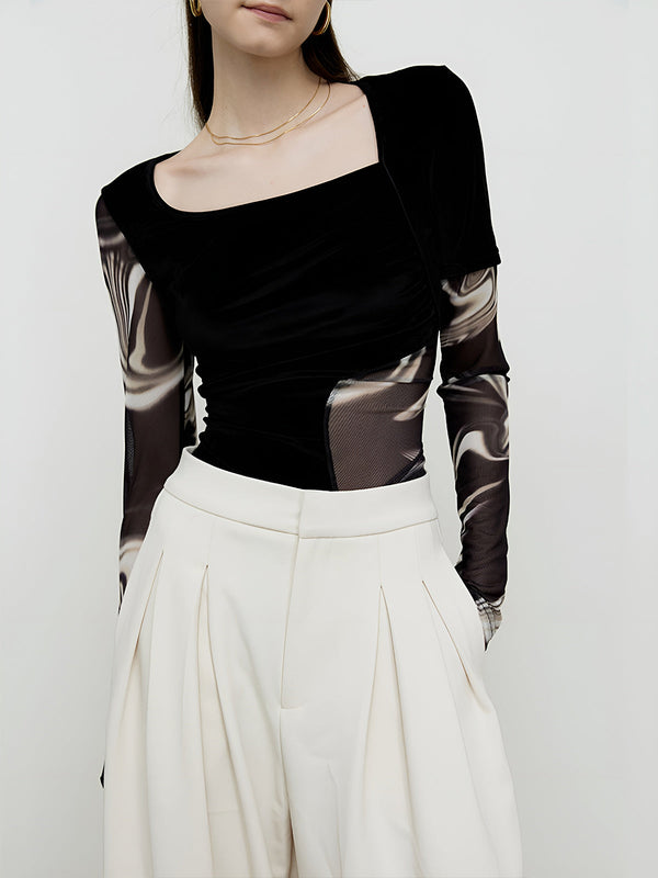 Yarı Şeffaf Geometrik Baskılı File Jersey Üst 