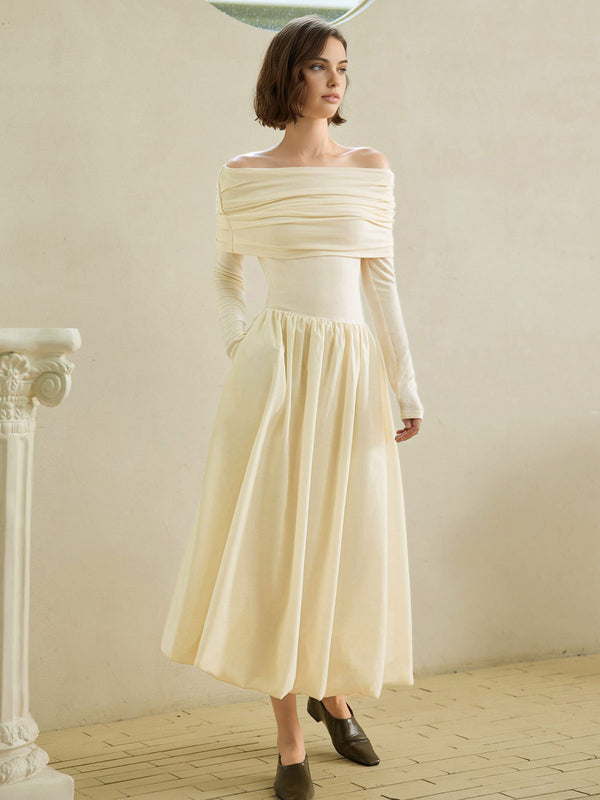 Off-Shoulder Bud Waist Pleated Knit Dress