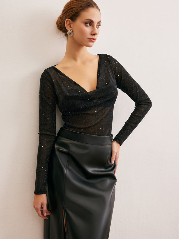 Yarı Şeffaf Kapüşonlu Yakalı Pul İnce Bluz 