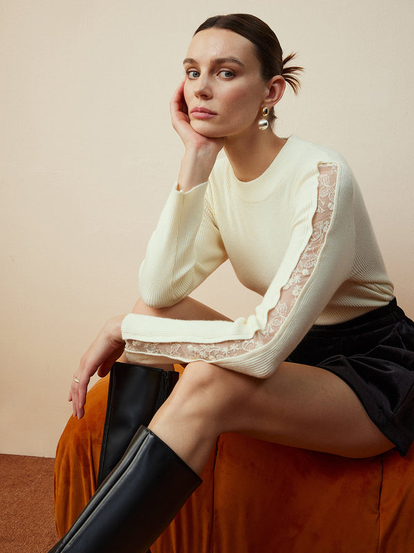 Zarif Dantel Panelli Örgü Üst 