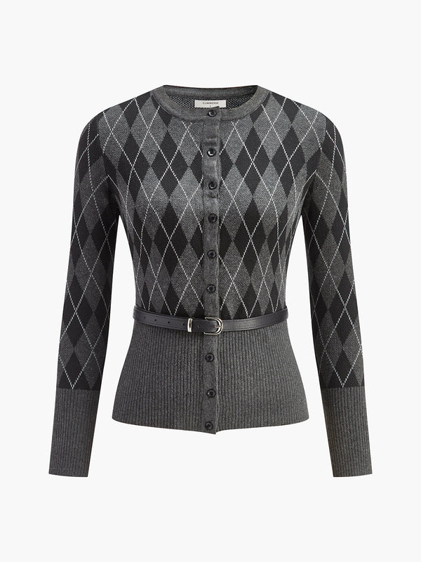 Eşkenar Dörtgen Desenli Kemerli Düğmeli Hırka 