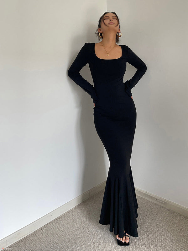 Volanlı İnce Örgü Uzun Elbise 