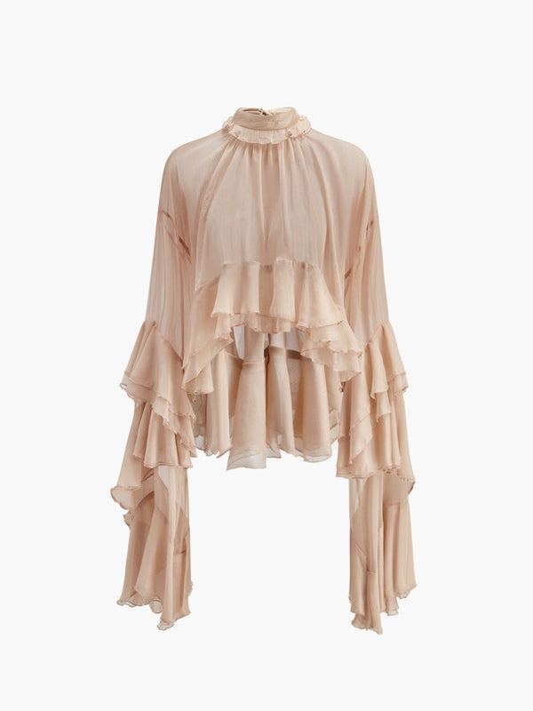 Sheer Turtleneck Ruffle Chiffon Blouse