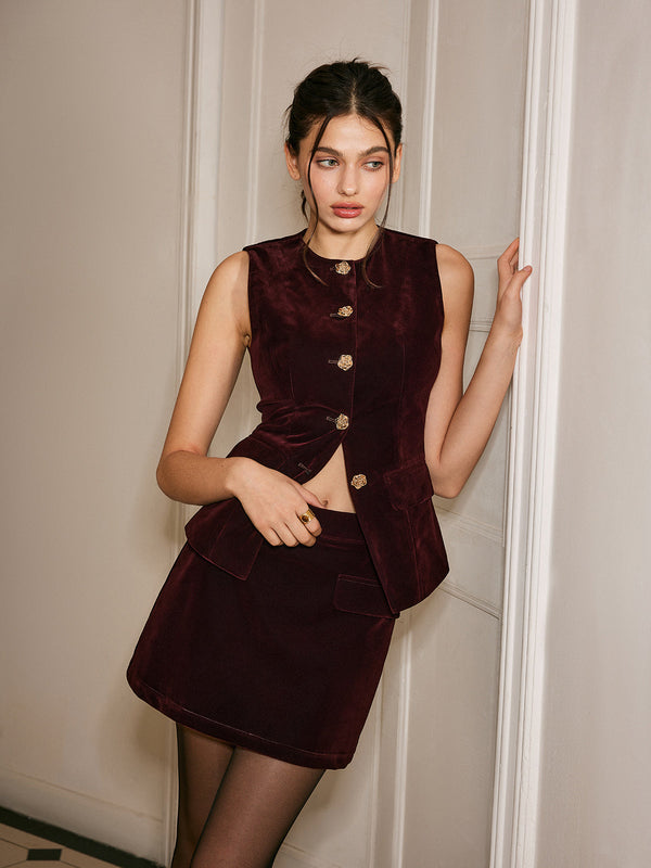 Metal Düğmeli Kadife Büzgülü Yelek 
