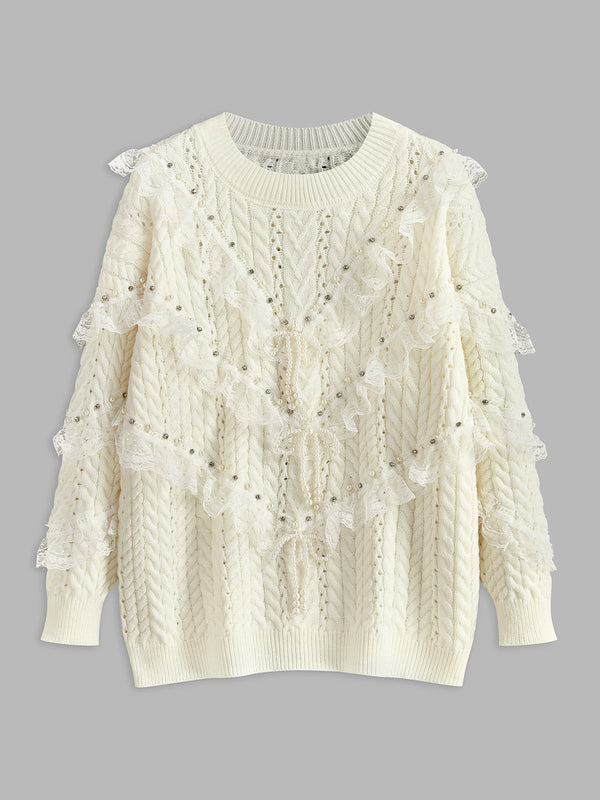 Romantik Dantel Kenarlı Boncuklu Kazak 