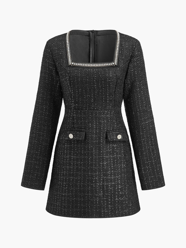 Kare Yaka Boncuklu Kısa Elbise 