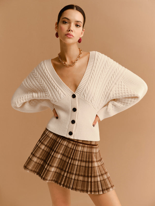 V Yakalı Belden Bağlamalı Büküm Düğmeli Hırka 