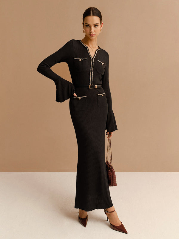 Elegant Contrast Binding Ruffle Slim Dress Without Belt