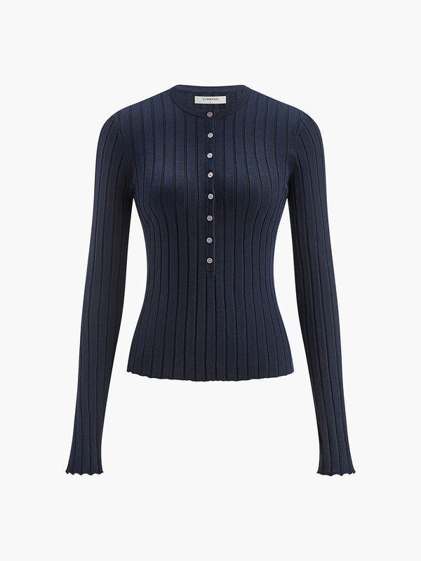 Yuvarlak Yaka Düğmeli Dar Örgü Üst 