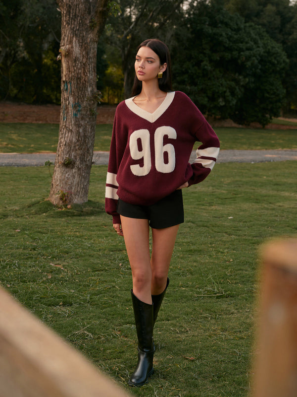 V Yaka Kontrast Bağlamalı Kazak 