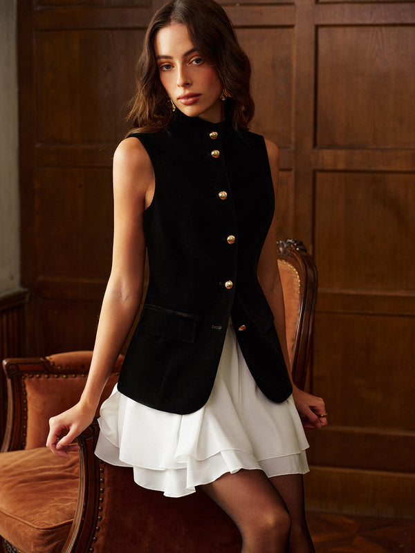 Düğmeli Yırtmaçlı Kadife Üst ve Şifon Etek Takımı 