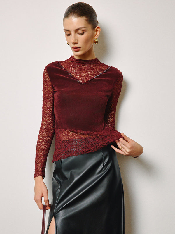 Yarı Şeffaf Yapay Elmas Kadife Panel Dantel İnce Üst 