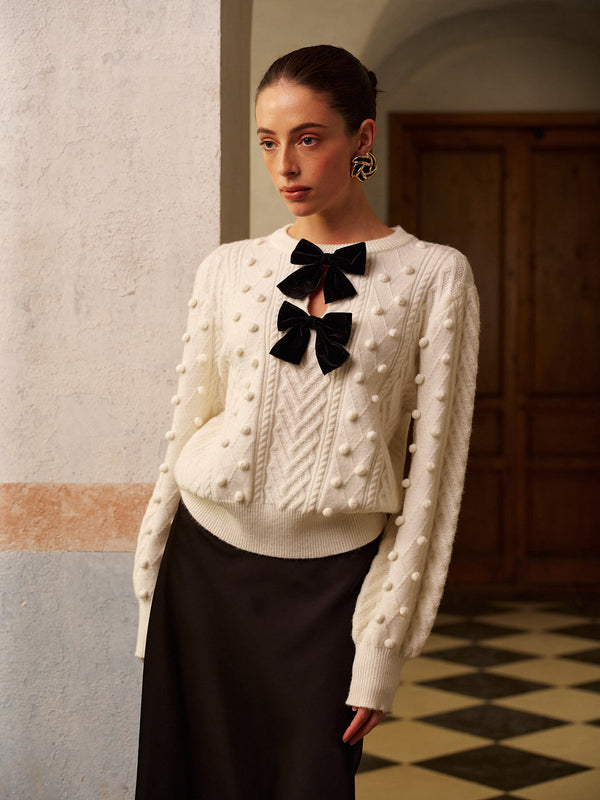 Fiyonklu Ön Örgü Top Dekorlu Kazak 