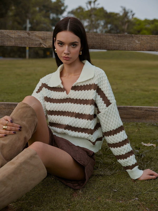 İki Renkli Çizgili Yaka Kısa Kazak 