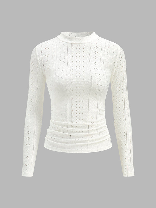 Semi-Sheer Stand Collar Side-Pleated Skinny Top