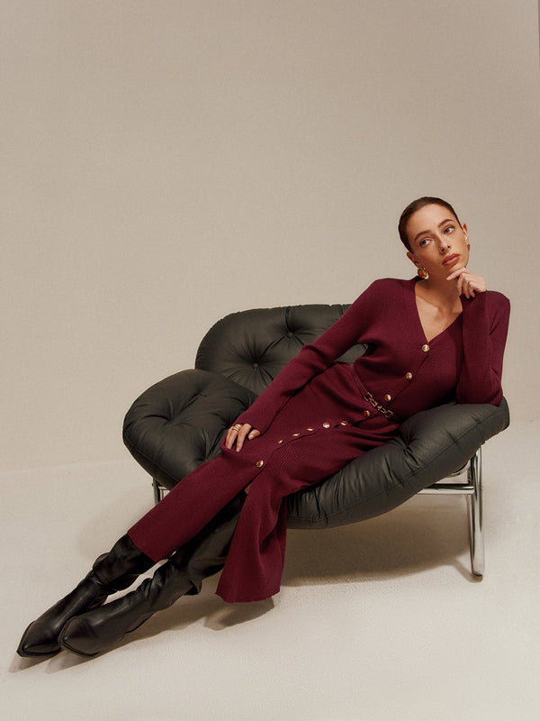 V Yaka Göğüslü Kemerli Kazak Uzun Elbise 