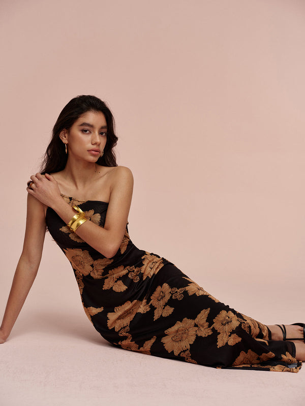 Asimetrik Soğuk Omuz Baskılı Elbise 