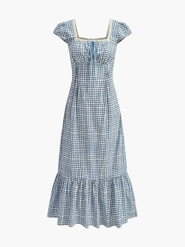 Ekose Baskılı Dantel Panel Elbise 