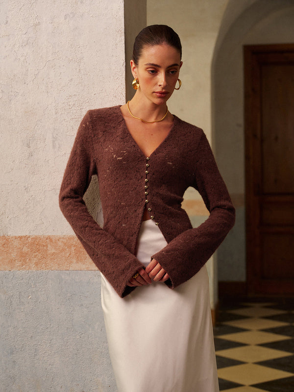 Semi-Sheer V-Neck Split Lace Blouse