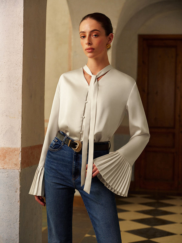 V-Neck Satin Pleated Blouse With Ribbon