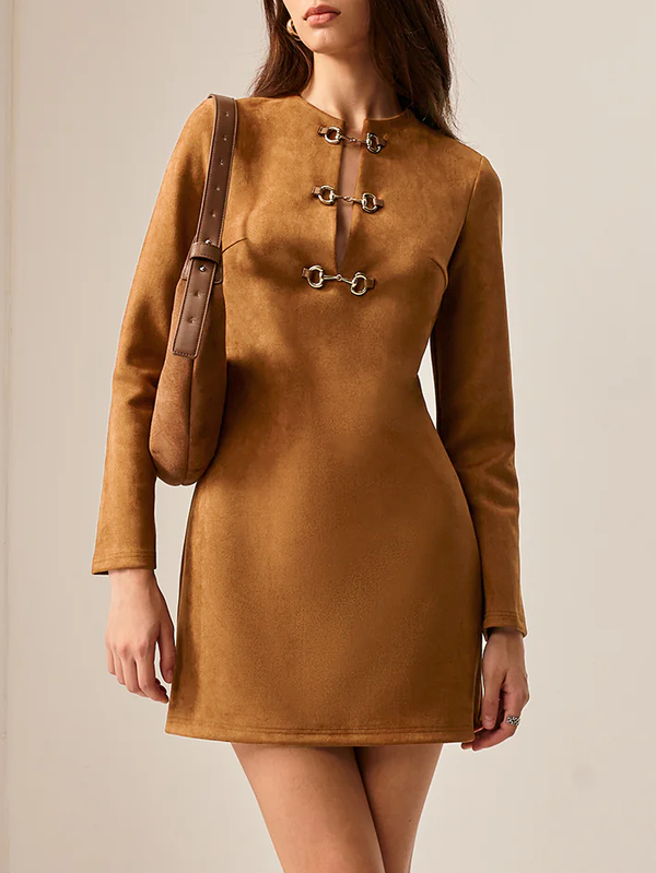 Süet Metal Detaylı Kısa Elbise 