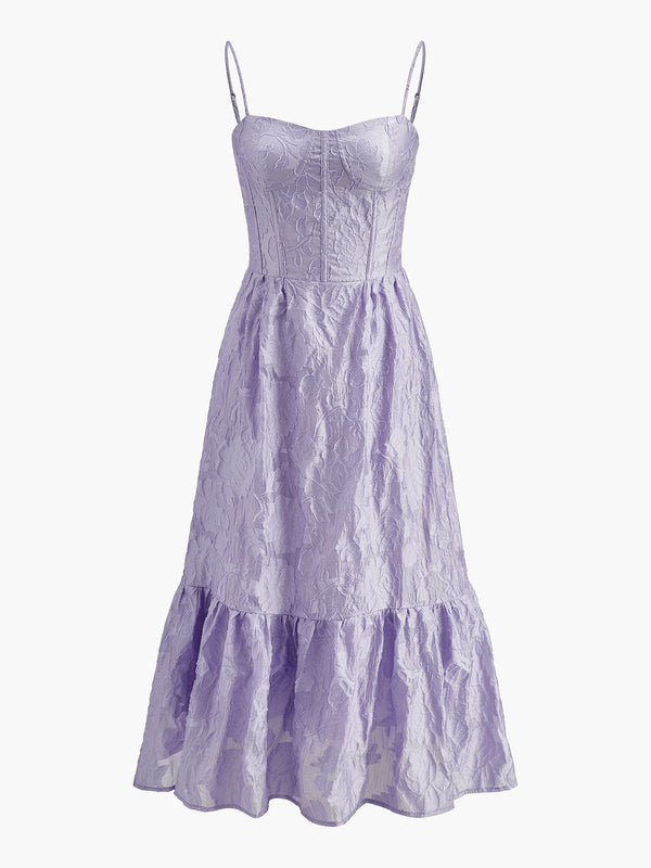 Çiçekli Jakarlı Bağcıklı Elbise 