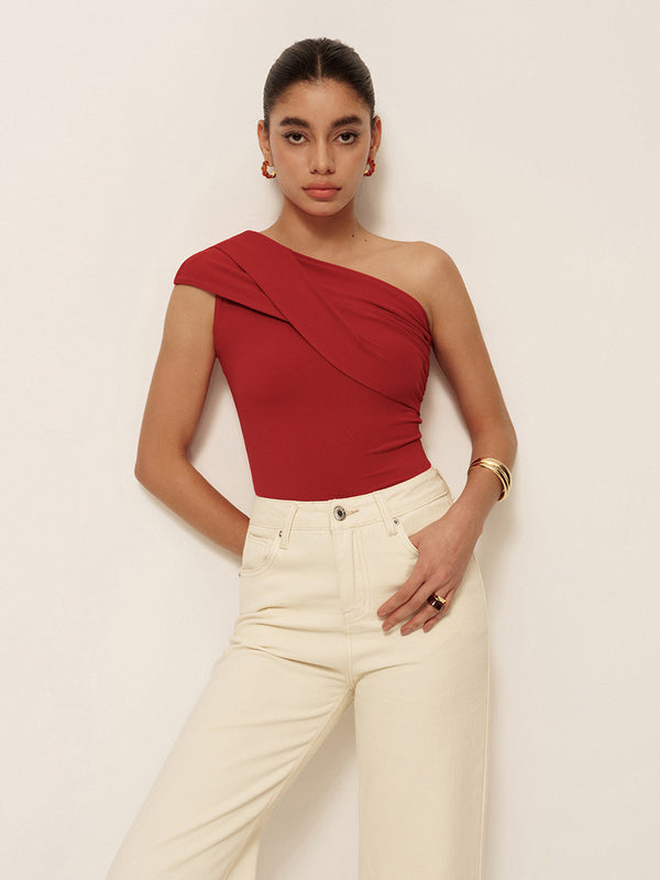 Asimetrik Yaka Kolsuz Jersey Üst 