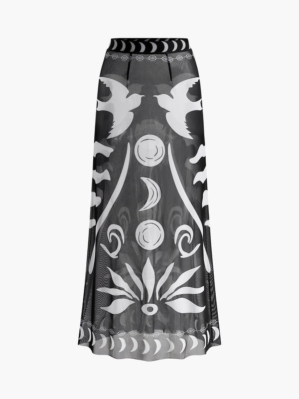 Sheer Printed Mesh Beach Cover-Up Skirt