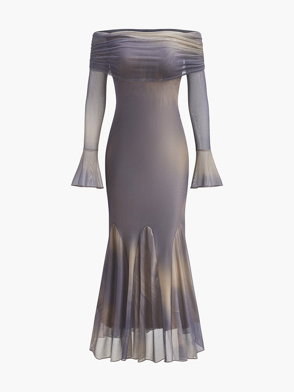 Yarı Şeffaf Omuzdan Bağlamalı Çan Kollu Elbise