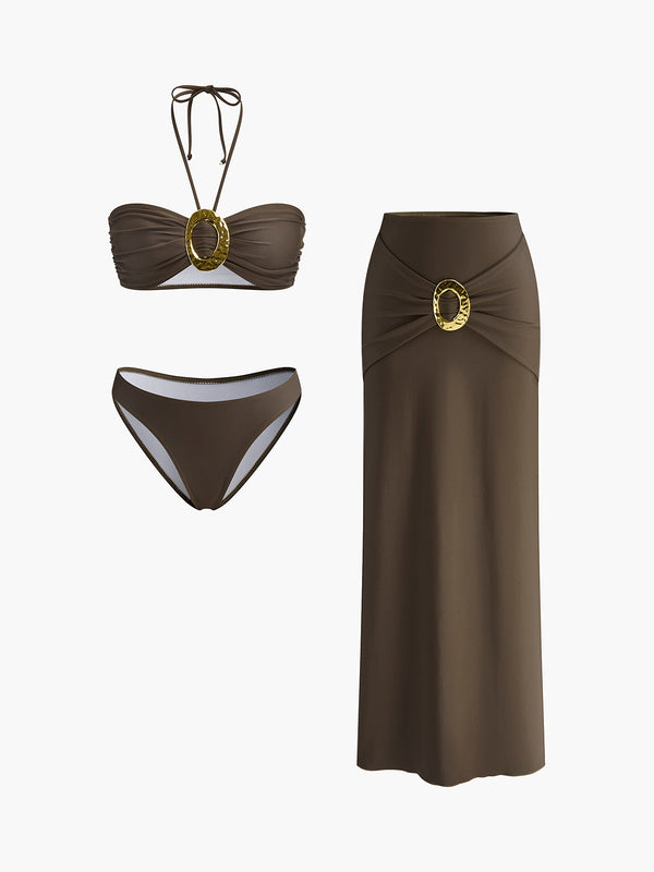 Drapeli Etekli Oval Halka Detaylı Bandeau Bikini Takımı 