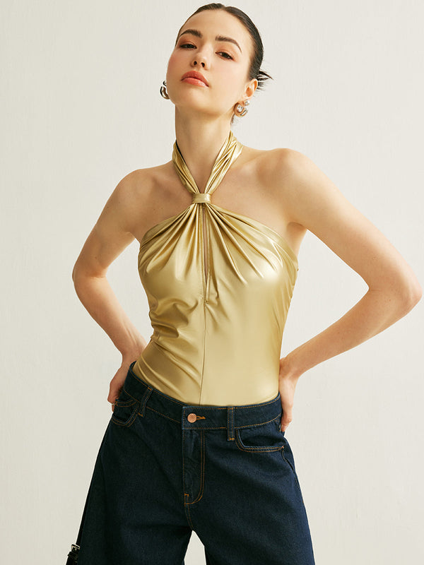 PU Cross-Back Halter Bodysuit