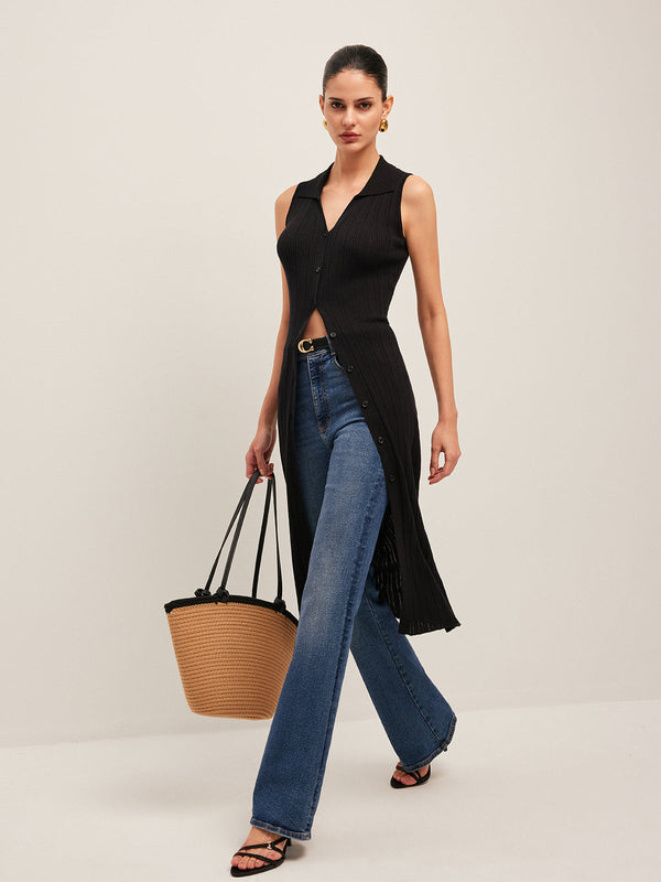 Kaburga Düğmeli Örgü Elbise 