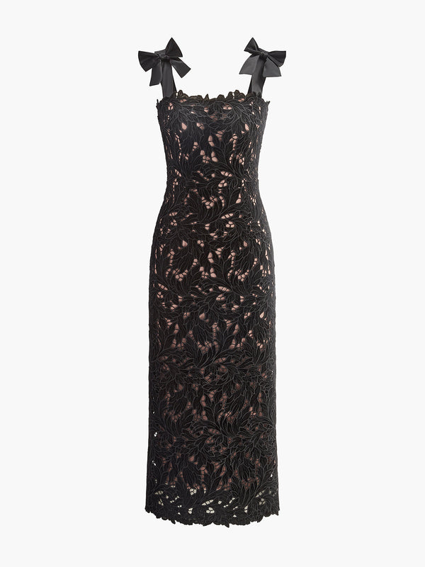 Çiçekli Jakarlı Fiyonk Askılı Elbise 