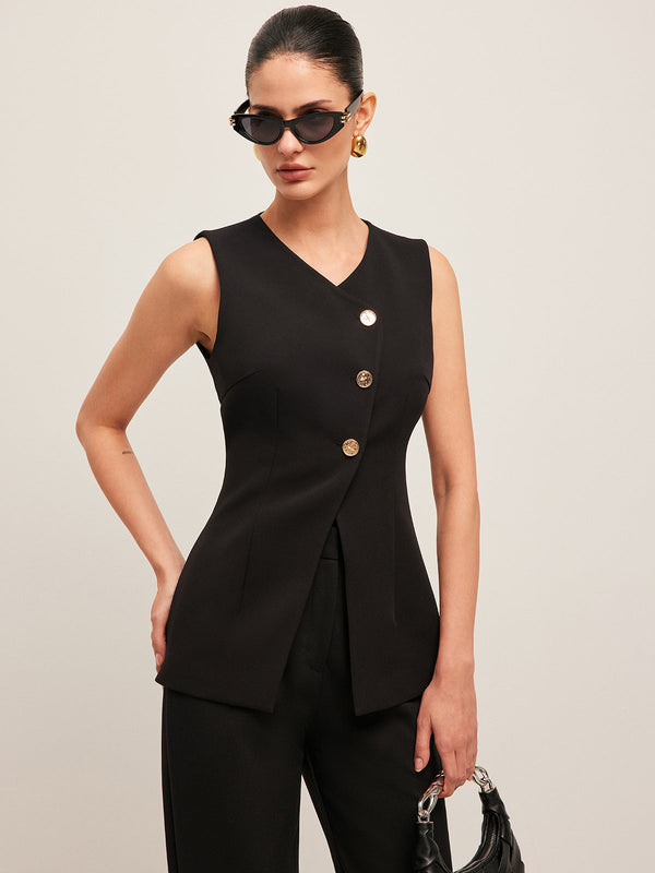 V Yaka Düğme Detaylı Yelek 