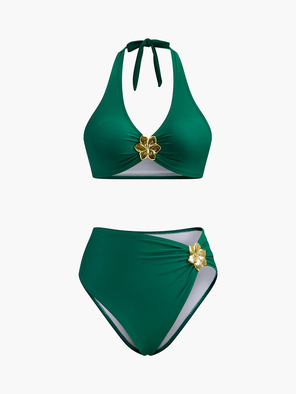 Metal Çiçek Detaylı Halter Bikini Takımı 