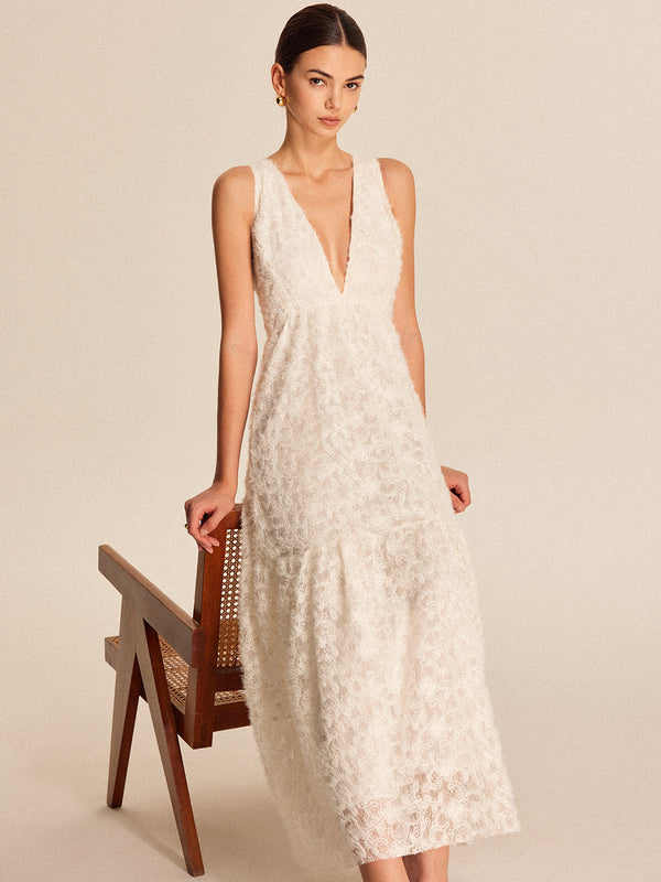 Boho Derin V Yaka Dantel Elbise 