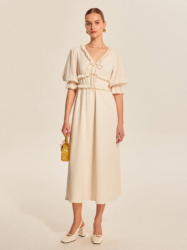 Volanlı Kenarlı Bağcıklı Elbise 