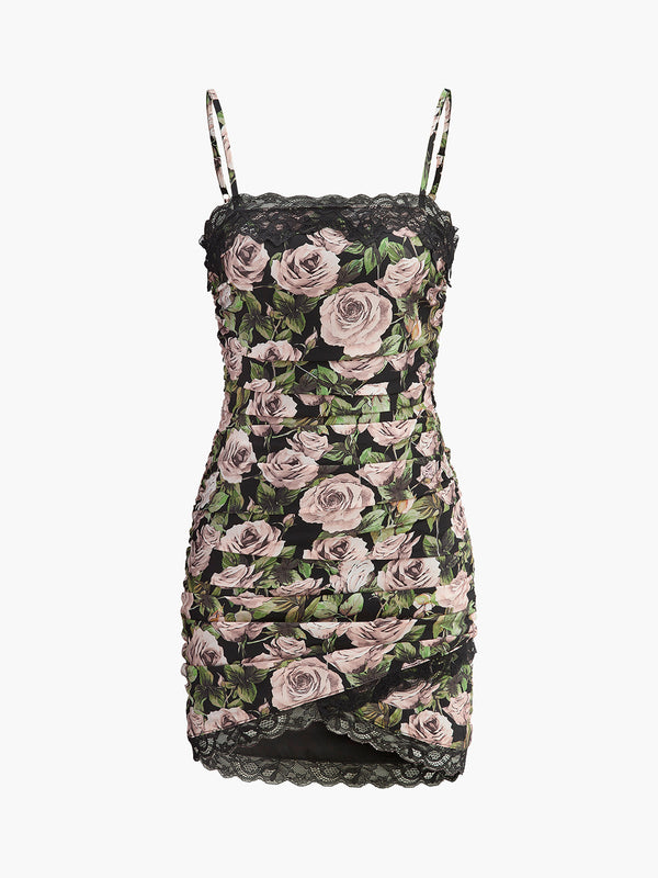 Çiçekli Dantel Kenarlı Büzgülü Elbise 