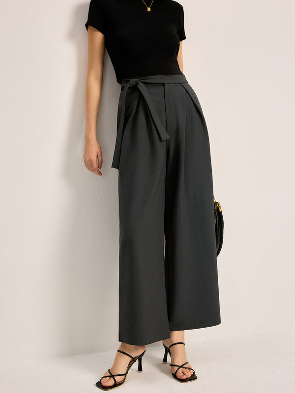 Mid-Waist Tie Belt Pants With Pockets