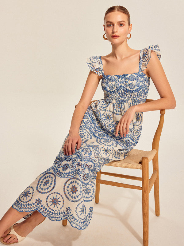 Yarı Şeffaf Bohem Çiçekli Sırt Kesim Elbise