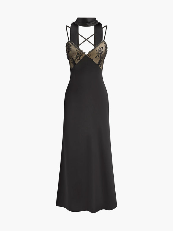 Sırtı Açık Uzun Kurdeleli Dantel Panelli Saten Askılı Elbise 