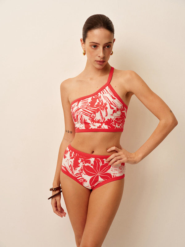 One-Shoulder Tropical Print Bikini Set