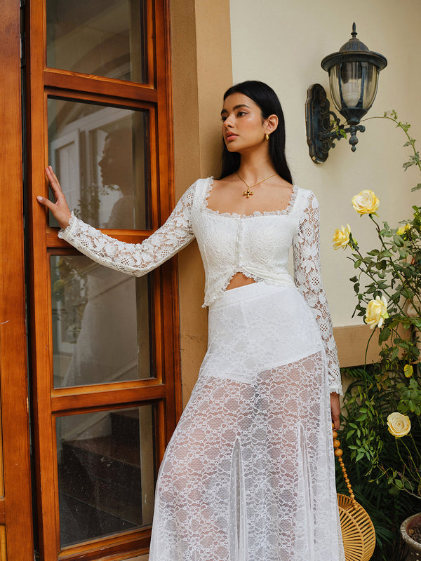 Semi-Sheer Lace Ruffled Trim Buttoned Crop Top